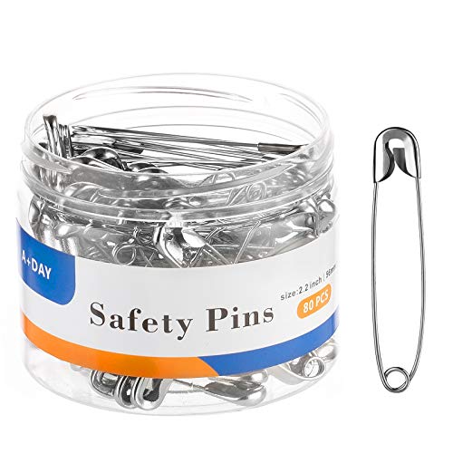 A+DAY Large Safety Pins 2.2 Inch (56mm), Size 4, 80-Count, Nickel Finish