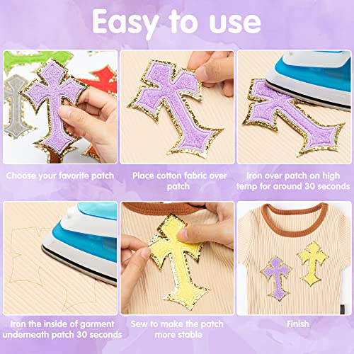 20Pcs Chenille Cross Patches Easter Colorful Kids Iron on Patches Cross Applique with Glitters Border Embroidered Patches Sew on Applique Easter DIY Accessory for Backpack Clothes Pants Hats Jeans