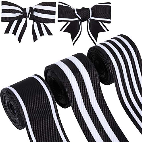 3 Rolls 1-1/2 Inch Christmas Striped Grosgrain Ribbons 5 Yards Wide Striped Grosgrain Fabric Ribbons for Xmas Graduation Home Party Wrapping Crafts Decoration, 3 Styles (Black and White)