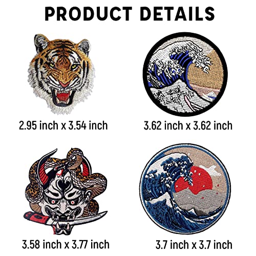 Pounchi Japan Applique Embroidered Iron On Patches(4Pcs) Iron On Sew On Hannya Oni Mask Patch Great Wave Off Kanagawa Patch Embroidered Applique Badge Emblem for Jackets Jeans Pants Backpacks Clothes