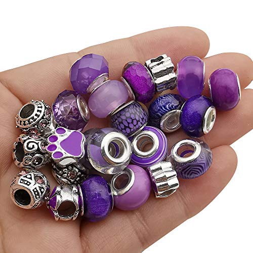 50pcs Assorted Purple Resin Imitation Glass European Large Hole Beads Rhinestone Metal Spacer Charms Bead Assortments for DIY Crafts Bracelets Necklaces Jewelry Making (M570-Purple)