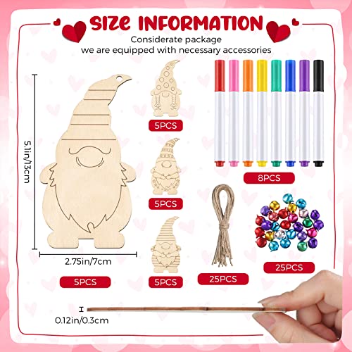 Unfinished Wooden Valentine's Day Gnome Ornaments Include Blank Gnome Cutout Hanging Slices, Colored Marker, Bells for Kids Xmas Tree DIY Craft Painting All Festival (40 Sets)