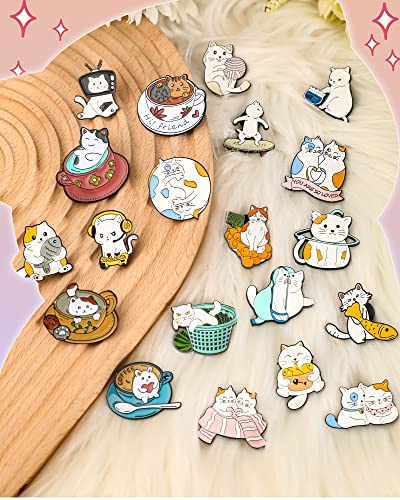 20 Pieces Enamel Cat Pins Animal Dessert Enamel Brooch Pins Cute Cat Pins for Backpacks Aesthetic Cartoon Lapel Pins for Bags Clothing Decoration Gift (Cute Style)
