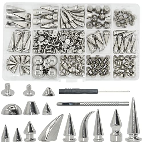 150 Set Punk Spike Rivets Kit, 13 Type Large Studs and Cone Spikes Screw Back Bullet Cone Studs with Install Tools for DIY Project, Necklace Jacket Vest Shoes Boot Leather Crafts (Silver)