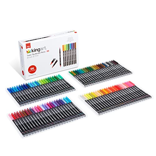 KINGART PRO Dual Twin-Tip Brush Pens, Set of 96 Unique & Vivid Colors, Watercolor Markers with Flexible Nylon Brush Tips, Professional Watercolor Pens for Painting, Drawing