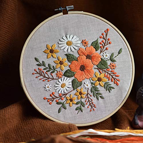 Full Range of Embroidery Starter Kit with Pattern, Kissbuty Stamped Embroidery Kit Including Embroidery Cloth with Pattern, Bamboo Embroidery Hoop, Color Threads Needle Kit (Flowers)