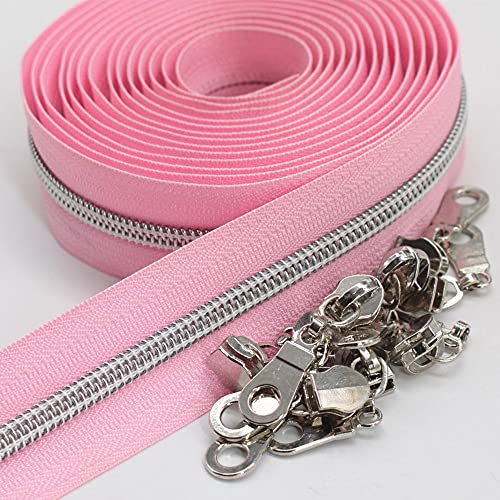 YaHoGa #5 Silver Metallic Nylon Coil Zippers by The Yard Bulk Pink Tape 10 Yards with 25pcs Sliders for DIY Sewing Tailor Craft Bag (Silver Pink)