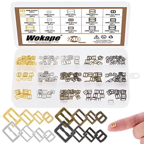 Wokape 240Pcs Mini Metal Rectangle Buckles, 3mm 4mm 5mm 6mm Tiny Slides Buckles for Crafts Doll Clothes Straps Shoes DIY Accessories (Gold/ Silver/ Bronze/ Black)