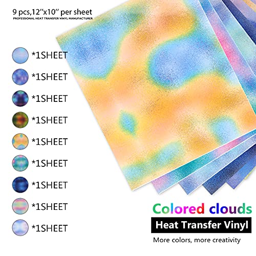 Cysincos Gradient Blending Color HTV Heat Transfer Vinyl Bundle, 9 Sheets Printable Iron on Vinyl, 12 x 10 Inch HTV Vinyl for T-Shirt Clothes Hats DIY Craft Supplies