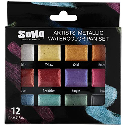 SoHo Urban Artist Metallic Watercolor Paint Set of 12 Semi-Moist Whole Pan Vibrant Shimmering Glitter Colors, Works on Black Paper