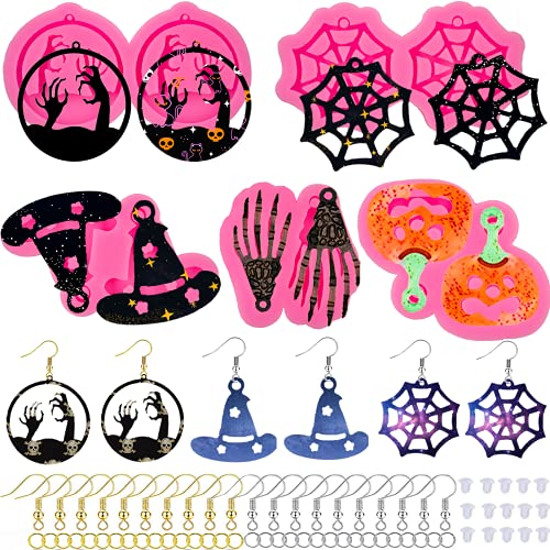 245Pcs Halloween Earring Resin Mold Kit,Halloween Earring Silicone Molds Halloween Dangle Earring Pumpkin Bat Spider Web Earring Moulds with Hole/Earring Hook DIY Epoxy Resin Casting Molds for Women