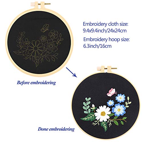 Caydo 3 Sets Embroidery Starter Kit with Pattern and Instructions, Cross Stitch Kits Include 3 Embroidery Cloth with Floral Pattern, 3 Plastic Embroidery Hoops, Color Threads and Tools