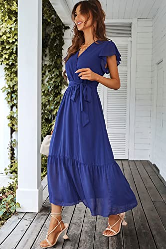 PRETTYGARDEN Women's Floral Summer Dress Wrap V Neck Short Sleeve Belted Ruffle Hem A-Line Bohemian Maxi Dresses (Solid Blue,Small)