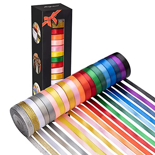 20 Colors 300 Yard Double Faced Polyester Satin Ribbon -18 Ribbon Rolls & 2 Glitter Metallic Ribbon,3/8" X 15 Yard/Roll,Perfect for Christmas Gift Wrapping,Hair Bows & Other Craft Projects