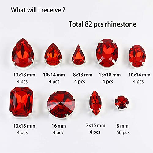 DONGZHOU Fancy Stone with Setting red sew on Rhinestones 82 pcs Mixed Shapes Light siam Sewing Crystal Stone with 4 Hole Silver Setting for Jewelry Making Crafts Clothes Wedding Dress Handbags
