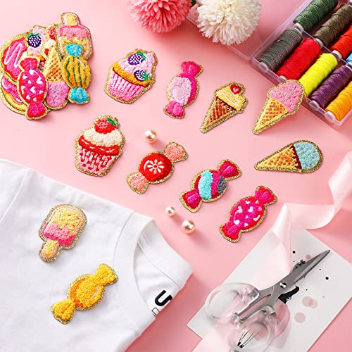 28 Pieces Self Adhesive Chenille Patches Chenille Candy Cream Patches Chenille Cupcake Patches Self Adhesive Pink Varsity Patch for Backpacks Girl's Clothes