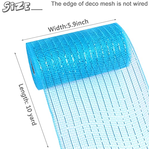 MIKIMIQI Deco Mesh 5.9 Inch x 30 Feet Decor Mesh Ribbon with Metallic Foil Deco Mesh Wreath Supplies Ribbon Mesh Roll for Spring Wreaths, Swags, Craft, Party Decoration (Lake Blue)
