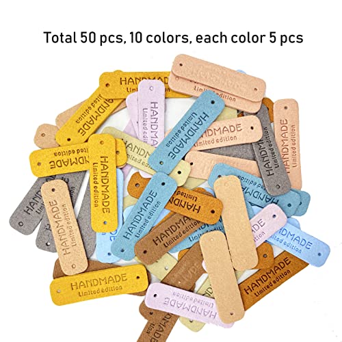 Wenplus 50 Pcs Faux Leather Handmade Tags Labels Handmade Embossed Tag with Holes Embellishments DIY Accessories for Jewelry Making Crafts, Sewing Clothing Crochet Decoration - 10 Colors