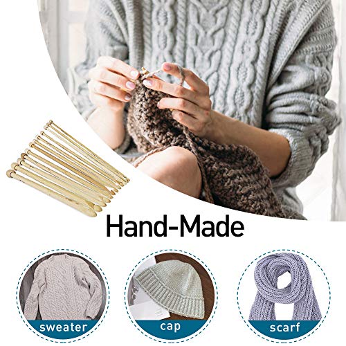 Souarts 12Pcs Handle Afghan Tunisian Bamboo Crochet Hooks Knit Knitting Needles Kit Single Point 25cm Length Various Thickness (Wood color-12pcs)