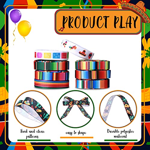 14 Pieces 56 Yards Fiesta Ribbon Mexican Serape Grosgrain Ribbons Colorful Stripes Pinata Cactus Guitar Decorative Ribbon for Fiesta Party Mexican Theme Party (2/5 inch)