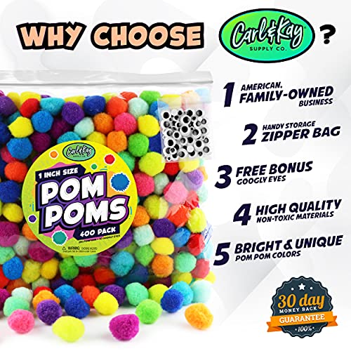 Carl & Kay [400 Pcs] 350 1 Inch Pom Poms & 50 Googly Eyes, Bulk Craft Pompoms in Bright & Bold Assorted Colors, Pompoms for Crafts, Assorted Pom Pom Balls