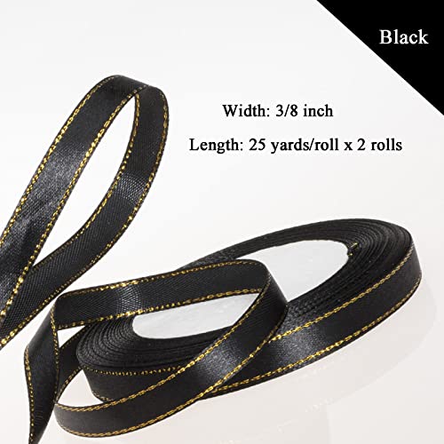 YASEO 50 Yards 3/8 Inch Black Satin Ribbon with Gold Edges, Gold Border Fabric Ribbons for Gift Wrapping and Crafts