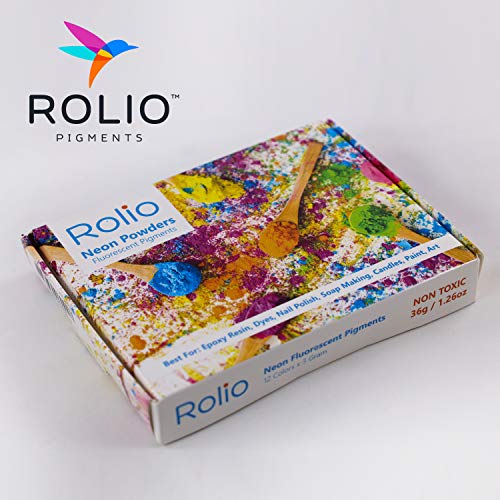 Rolio - Fluorescent Powder - 12 3g Jars of Pigment for Paint, Dye, Soap Making, Nail Polish, Epoxy Resin, Candle Making, Bath Bombs, Slime