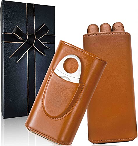 Cigar Case with Cutter and Gift Box,Cigar Travel Case for Men,3-Finger Leather Cigar Carrying Case,Wood Lined Cigar Humidor Case,Perfect Cigar Accessories Gift