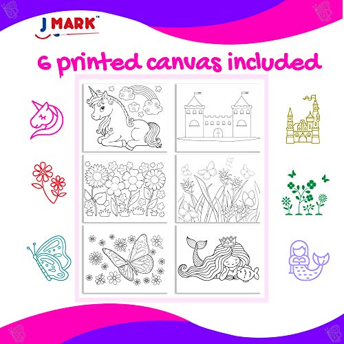 J MARK Kids Painting Kit – Piece Acrylic Painting Supplies Kit with Storage Bag, Washable Paints, Scratch Free Paint Easel, Pre-Stenciled Canvases, Brushes, Palette