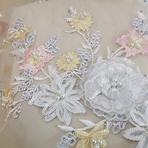 1 Pairs Three-Dimensional Flower Embroidery Lace Applique Sequins hot Drill Nail Beads Hand-Made DIY Applique Garment Decorative lace Accessories (White / Pink)