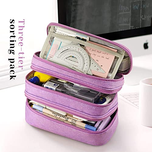 Large Capacity Pen Pencil Case Stationery Storage Large Handle Pen Pouch Bag 3 Layers Pen Pencil Organizer Bag with Double Zipper, Cosmetic Bag for College Students Men Women Girls Adults (Purple)