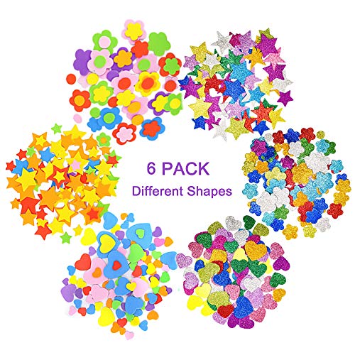 6 Pack Self-Adhesive Foam Glitter Stickers Assorted Colors Kid's Arts Craft Supplies for Greeting Cards Home Decoration Love Heart Stars Shapes and Flowers Shapes Stickers