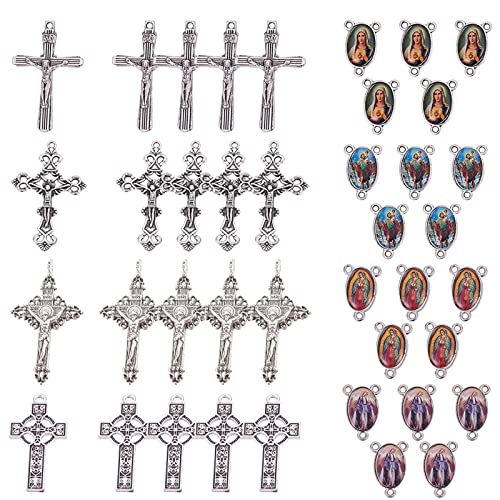 SUNNYCLUE 40PCS 4 Style Antique Silver Tibetan Style Rosary Cross and Center Our Lady Miraculous Medal Enamel Cross Pendants Oval Chandelier Links for Rosary Beads Necklace Bracelet Making Supplies