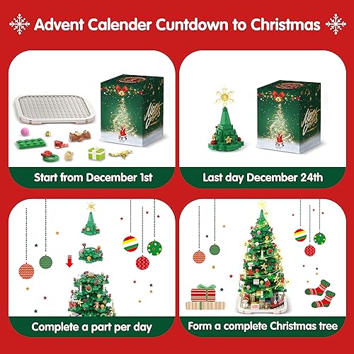 Advent Calendar 2023 Christmas Tree Building Toy Set with LED light, 1066 Pieces Christmas Countdown Calendar, 24 Days Building Block for Kids Adult Creative Gifts for Adults Teens Girls Ages 8+