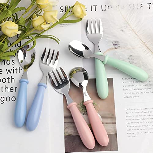6 Pieces Toddler Utensils Stainless Steel Baby Forks and Spoons Silverware Set Kids Silverware Children's Flatware Kids Cutlery Set with Round Handle for LunchBox, 3 x Safe Forks, 3 x Children Spoons