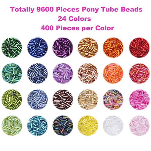 EuTengHao 9600pcs Tube Beads Kit Glass Bugle Seed Beads Small Craft Beads for DIY Bracelet Necklaces Crafting Jewelry Making Supplies with Two Crystal String (7mm, 400 Per Color, 24 Colors)