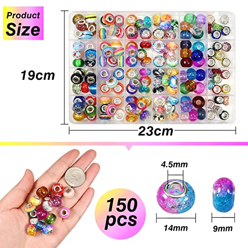 TOAOB 150pcs Assorted Glass European Lampwork Beads Large Holes Spacer Beads Charms Supplies With Brass Silver Core for Bracelets Necklaces Jewelry Making