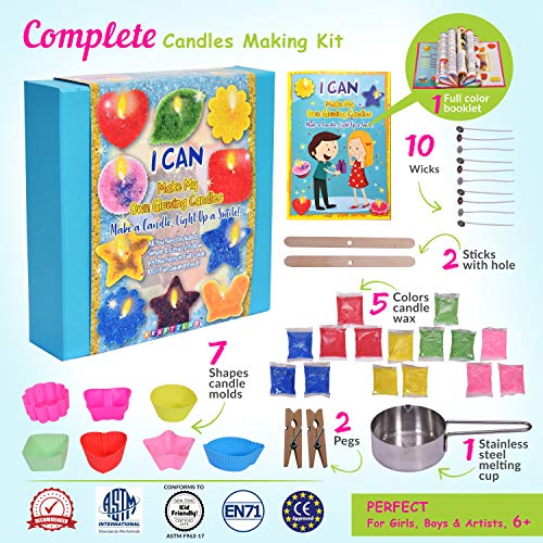 Complete Candle Making Kit for Beginners | Includes 5 Colors Candle Wax, 7 Candle Molds, 10 Wicks, 1 Melting Cup, and Guide book | Ideal DIY Starter kit to make your own candles | For kids and adults