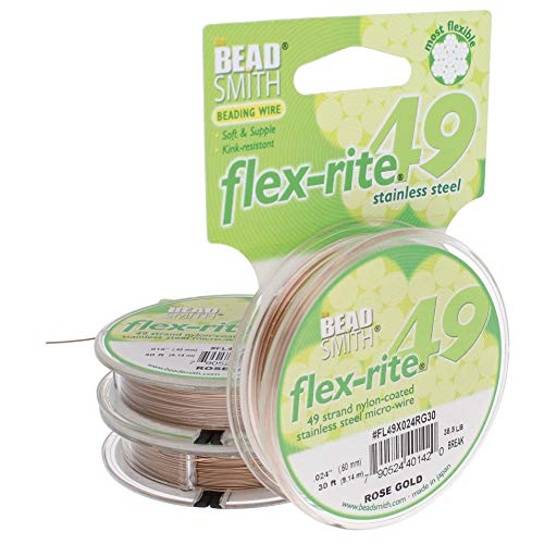 The Beadsmith Flex-Rite Wire – 49 Strand, Nylon Coated, Stainless Steel Beading Wire – Rose Gold Color.024” Diameter, 30-Foot Spool – Flexible Wire for Necklace, Bracelet and Jewelry Making