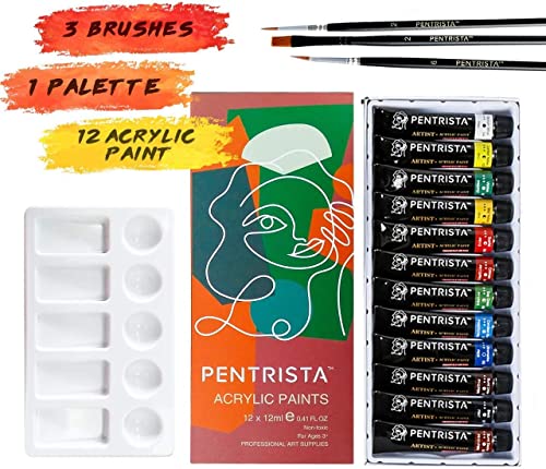 PENTRISTA Acrylic Paint,12 Colors Artist Quality Acrylic Paint Set, 12ml/Tube with 3 Art Brushes & 1 Palette for Artists,Beginners and Kids,Non-Toxic Craft Paint Sets on Canvas,Rocks,Wood,Clay,Fabric