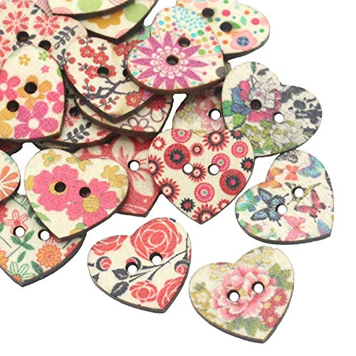 AKOAK 50 Pack 25MM 2-Hole Mixed Flower Pattern Printed Wooden Peach Heart Shaped Buttons Wood Sewing Buttons DIY Scrapbooking Clothe Buttons