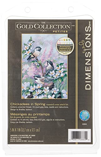 Dimensions Gold Collection Counted Cross Stitch Kit, Chickadees in Spring, 16 Count Dove Grey Aida, 5'' x 7''