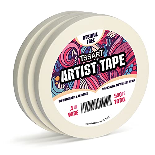 TSSART 3 Pack White Artist Tape - Masking Artists Tape for Drafting Art Watercolor Painting Canvas Framing - Acid Free 0.4 Inch Wide 180FT Long