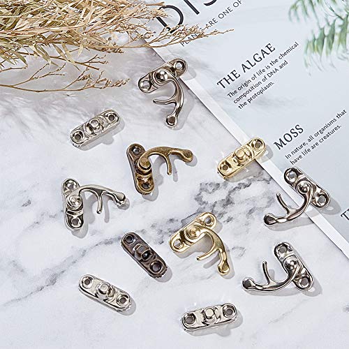 OLYCRAFT 60PCS Antique Right Latch Hook Hasp Wood Jewelry Box Latch Hook Clasp 3-Color Swing Arm Lock Clasp with Replacement 60pcs Screws for Jewelry Box Cabinet - Antique Bronze, Gold, Platinum