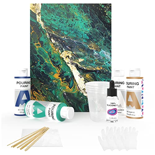 AUREUO 9x12 Inch Canvas & Acrylic Pouring Paint Set of 4 Colors (4 Oz Bottles) High Flow Pre-Mixed All-in-One Art Supplies Kit Include Silicone Oil & Painting Tools - Stunning