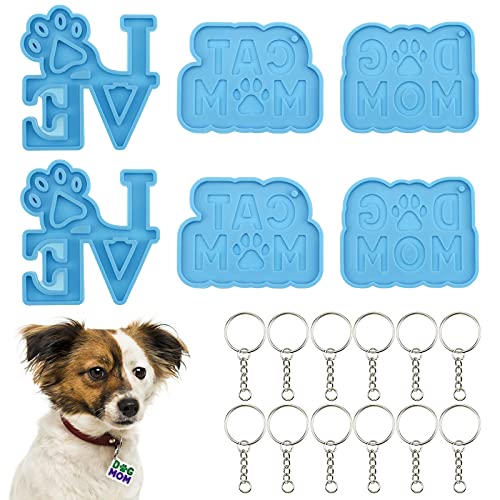 6 Pack Cat Dog MOM Tag Keychain Silicone Resin Molds,Pets Love Cat Dog Collar Tag Epoxy Resin Molds with 12 Pcs Key Rings for Pendant DIY Crafts Jewelry Making