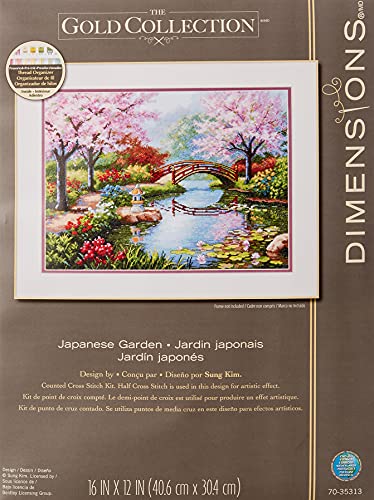 Dimensions Gold Collection Counted Cross Stitch Kit, Japanese Flower Garden, 16 Count Light Blue Aida, 12'' x 16''