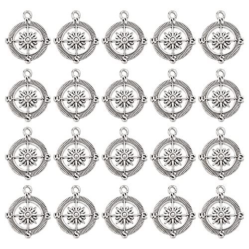 AUEAR, 50 Pack Compass Charms Pendants Alloy Charm Spacer Beads for Bracelet Necklace Jewelry Making DIY Craft Silver