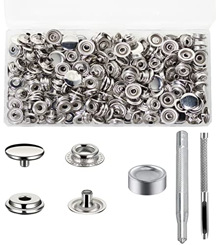 240 Pieces Stainless Steel Snap Fastener Kit, BetterJonny 15mm Snap Button Press Stud Cap with 3 Setting Tools Storage Box for Marine Boat Canvas Bag Leather DIY Craft Silver
