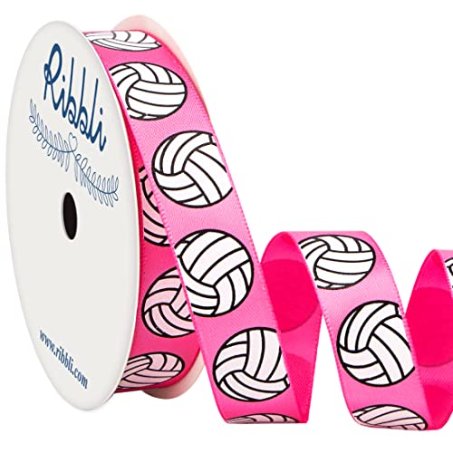 Ribbli Satin Volleyball Ribbon,5/8-Inch x 10-Yard,Hot Pink Volleyball Ribbon Use for Team Hair Bows,Wreath,Sport Lanyards,Gift Wrapping,Party Decoration,All Crafting and Sewing
